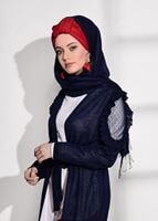 Hijab clothing NAVY BLUE TULLE DETAIL COMBED COTTON CARDIGAN 92081 