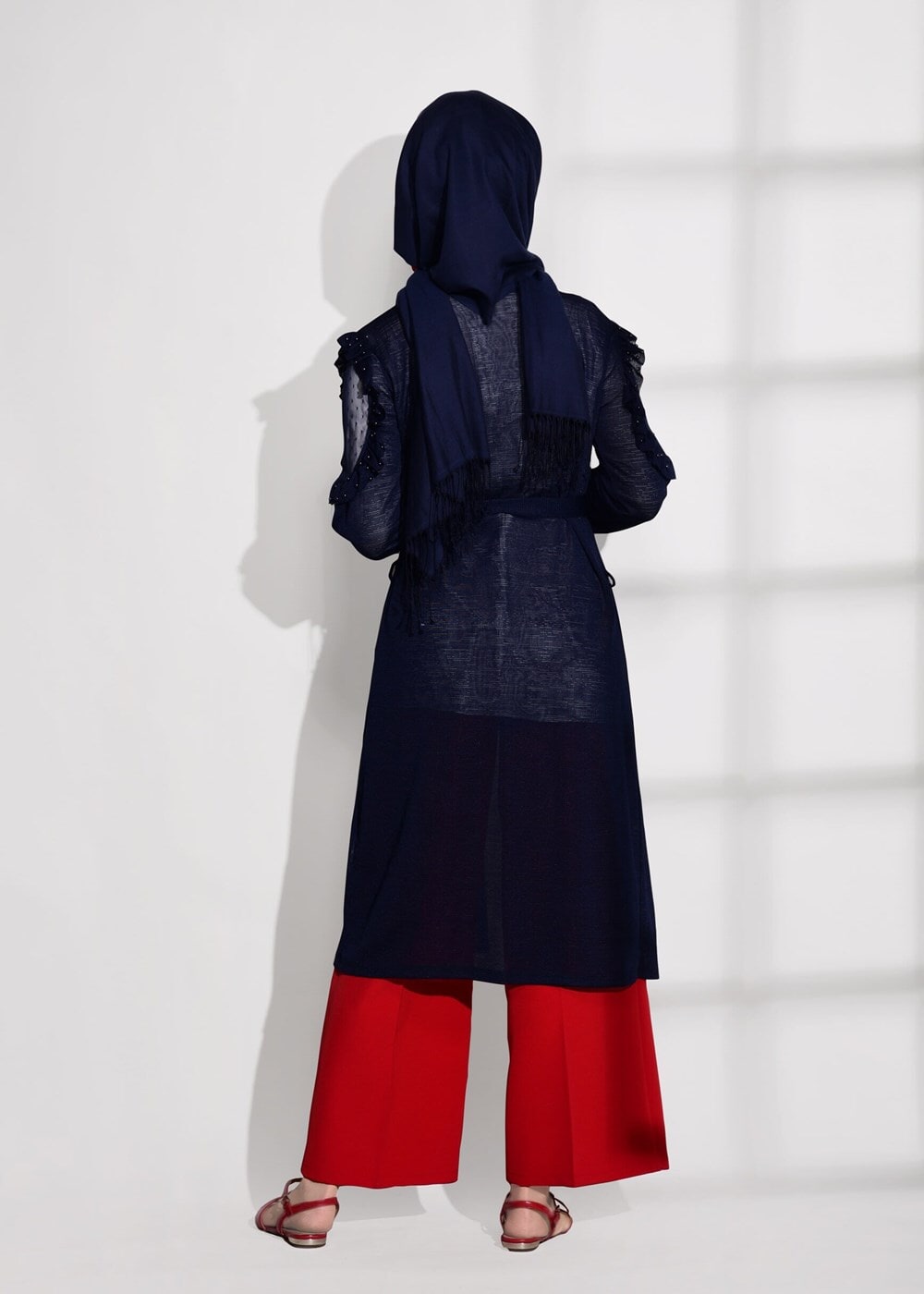 Hijab clothing NAVY BLUE TULLE DETAIL COMBED COTTON CARDIGAN 92081 