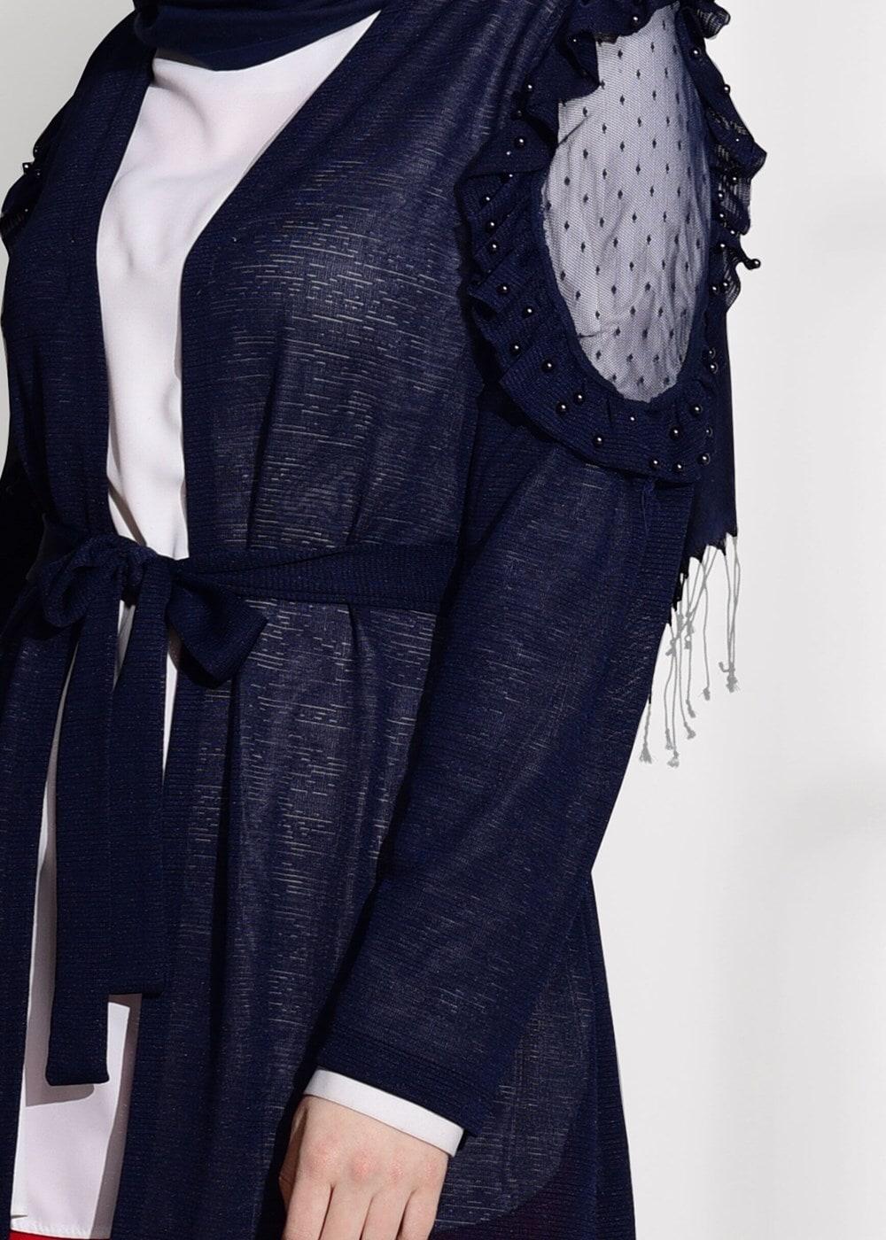 Hijab clothing NAVY BLUE TULLE DETAIL COMBED COTTON CARDIGAN 92081 