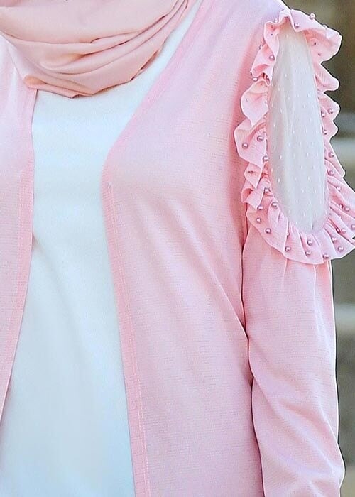 Tesettür giyim PUDRA KOL KISMI TÜL DETAYLI PENYE HIRKA 92081 