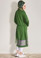 Tesettür giyim YEŞİL T 92171 İkoll- Dantel Detaylı Kuşaklı Hırka
