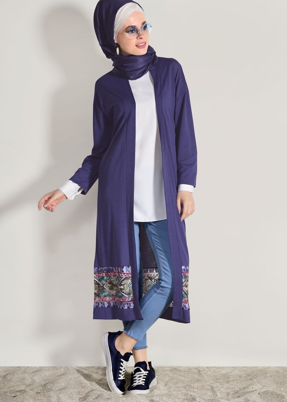 Tesettür giyim LACİVERT T 92171 İkoll- Dantel Detaylı Kuşaklı Hırka