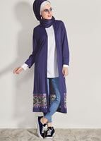 Tesettür giyim LACİVERT T 92171 İkoll- Dantel Detaylı Kuşaklı Hırka