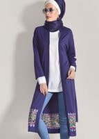 Tesettür giyim LACİVERT T 92171 İkoll- Dantel Detaylı Kuşaklı Hırka