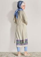 Tesettür giyim BEJ T 92171 İkoll- Dantel Detaylı Kuşaklı Hırka