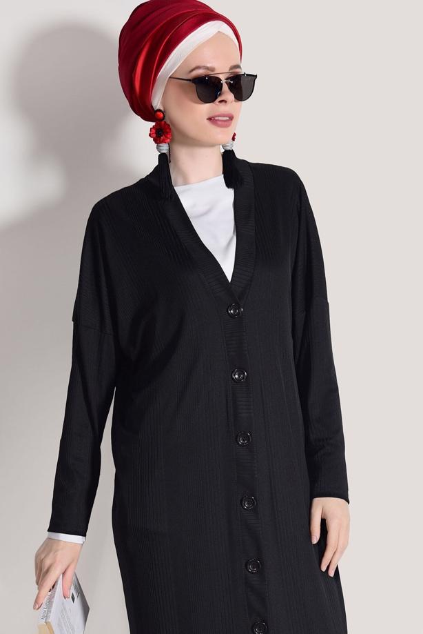 Hijab-Kleidung  T 9046 Dkn-Düğme Detaylı Uzun Hırka - TRENDTESETTÜR