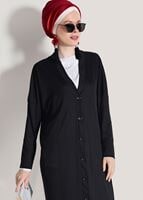 Tesettür giyim SİYAH T 9046 Dkn-Düğme Detaylı Uzun Hırka