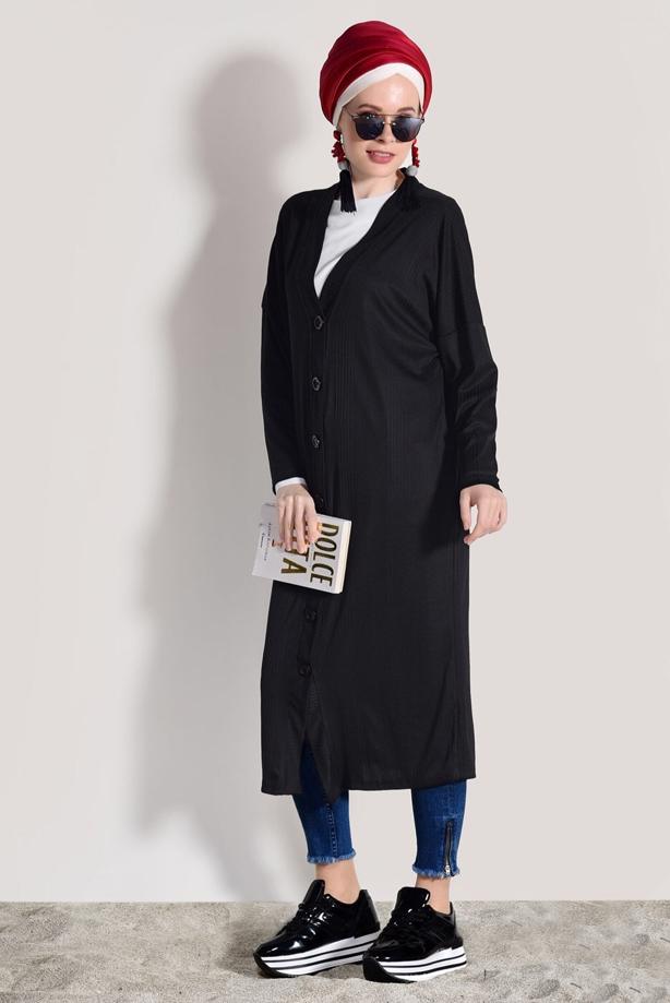 Hijab-Kleidung  T 9046 Dkn-Düğme Detaylı Uzun Hırka - TRENDTESETTÜR