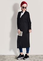 Tesettür giyim SİYAH T 9046 Dkn-Düğme Detaylı Uzun Hırka