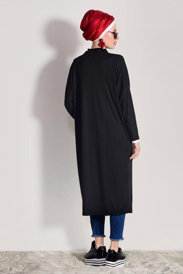 Hijab-Kleidung  T 9046 Dkn-Düğme Detaylı Uzun Hırka - TRENDTESETTÜR