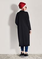 Tesettür giyim SİYAH T 9046 Dkn-Düğme Detaylı Uzun Hırka