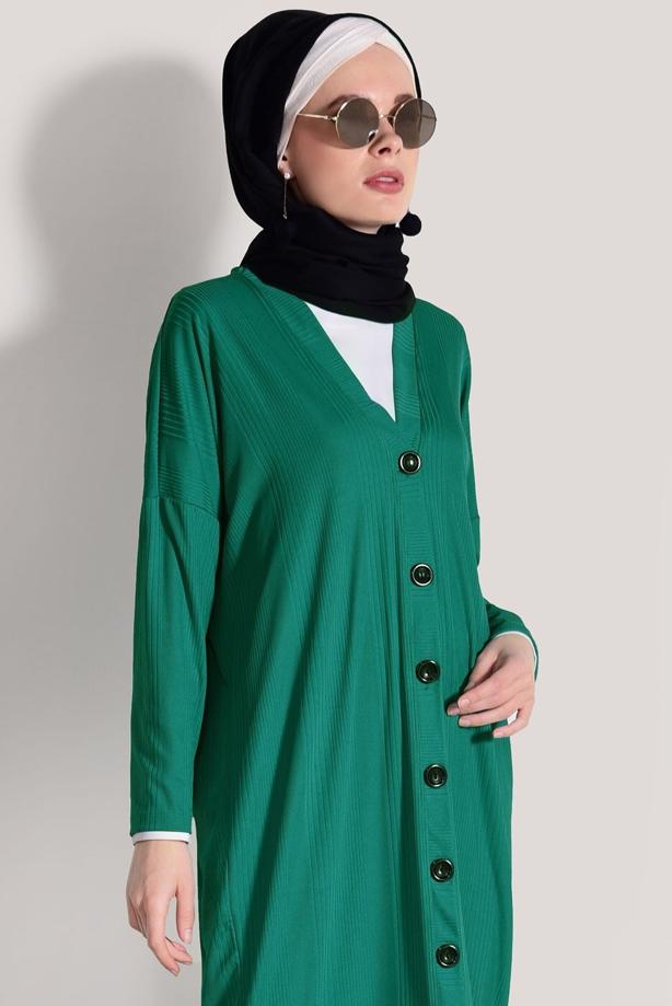 Hijab-Kleidung  T 9046 Dkn-Düğme Detaylı Uzun Hırka - TRENDTESETTÜR