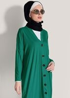 Tesettür giyim YEŞİL T 9046 Dkn-Düğme Detaylı Uzun Hırka