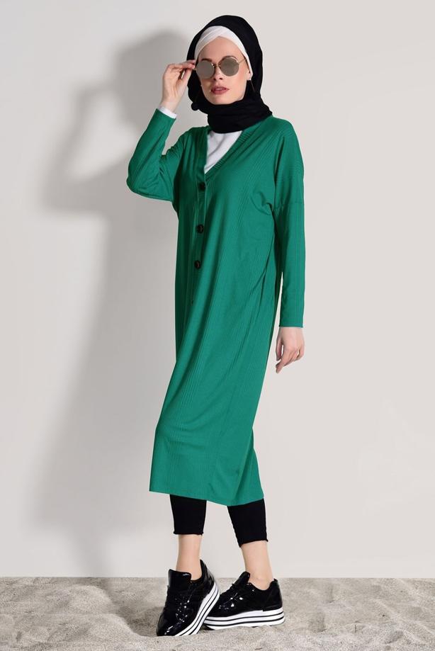 Hijab-Kleidung  T 9046 Dkn-Düğme Detaylı Uzun Hırka - TRENDTESETTÜR