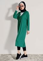 Tesettür giyim YEŞİL T 9046 Dkn-Düğme Detaylı Uzun Hırka