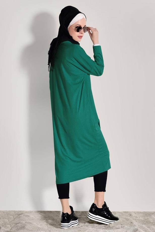 Hijab-Kleidung  T 9046 Dkn-Düğme Detaylı Uzun Hırka - TRENDTESETTÜR