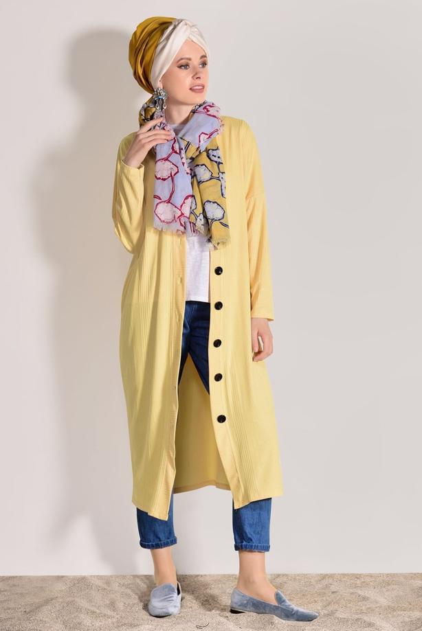 Hijab-Kleidung  T 9046 Dkn-Düğme Detaylı Uzun Hırka - TRENDTESETTÜR