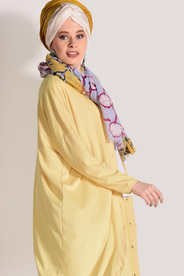 Hijab-Kleidung  T 9046 Dkn-Düğme Detaylı Uzun Hırka - TRENDTESETTÜR