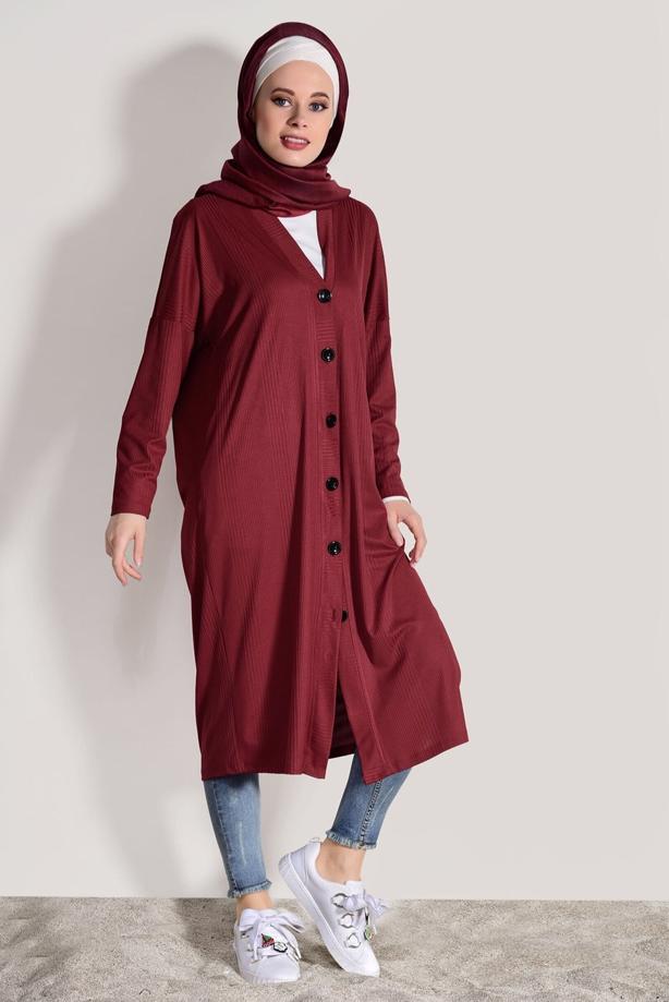 Hijab-Kleidung  T 9046 Dkn-Düğme Detaylı Uzun Hırka - TRENDTESETTÜR