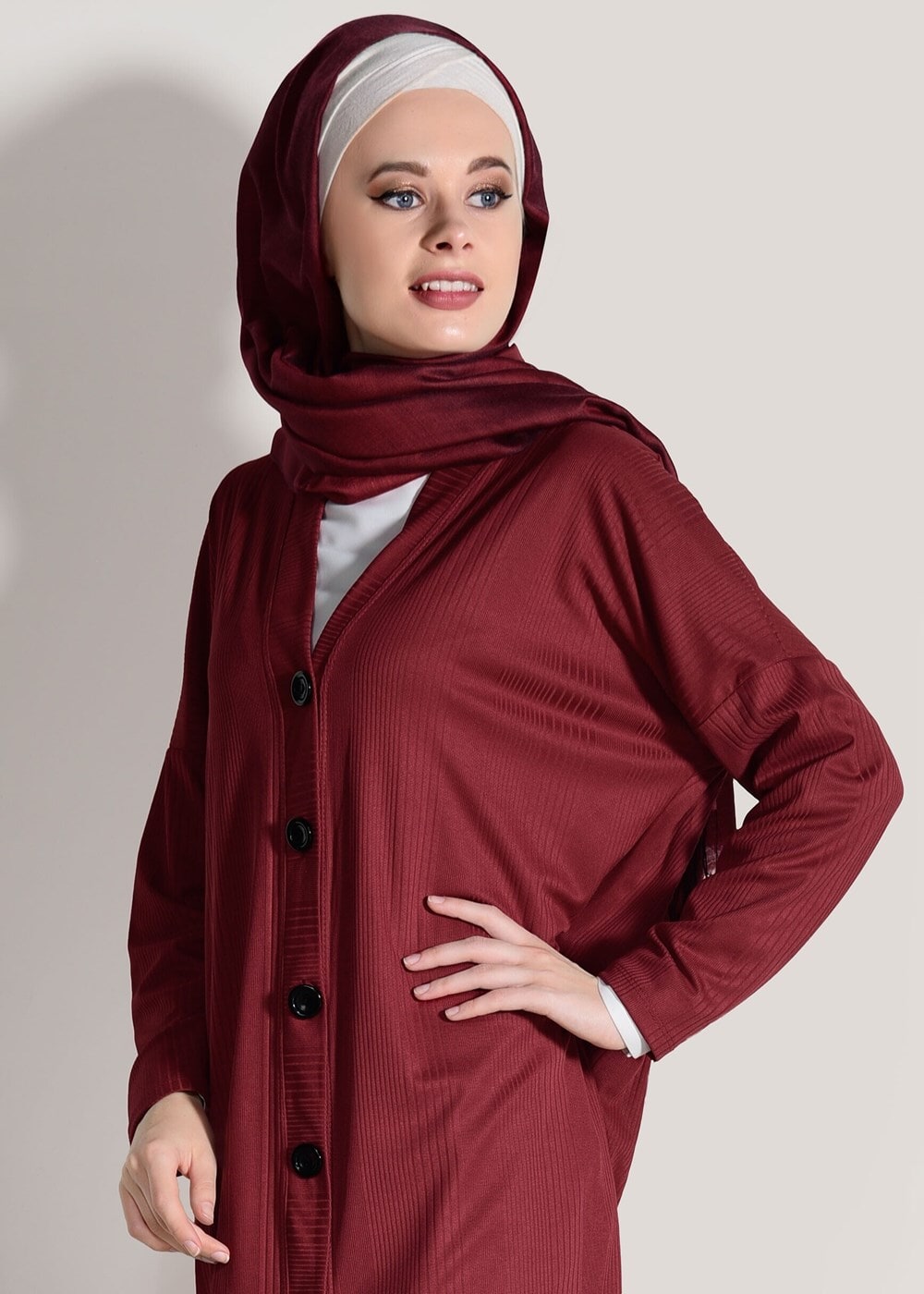 Tesettür giyim BORDO T 9046 Dkn-Düğme Detaylı Uzun Hırka