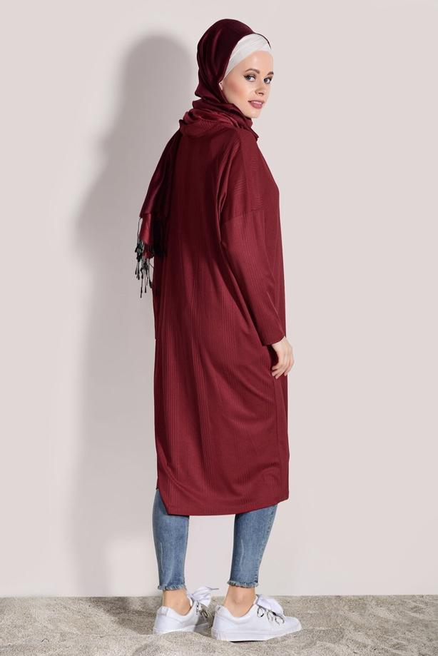 Hijab-Kleidung  T 9046 Dkn-Düğme Detaylı Uzun Hırka - TRENDTESETTÜR