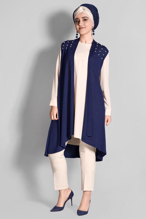 Vêtements hijab BLEU MARINE T 612632 Lafaba- İnci İşlemeli Yelek - TRENDTESETTÜR