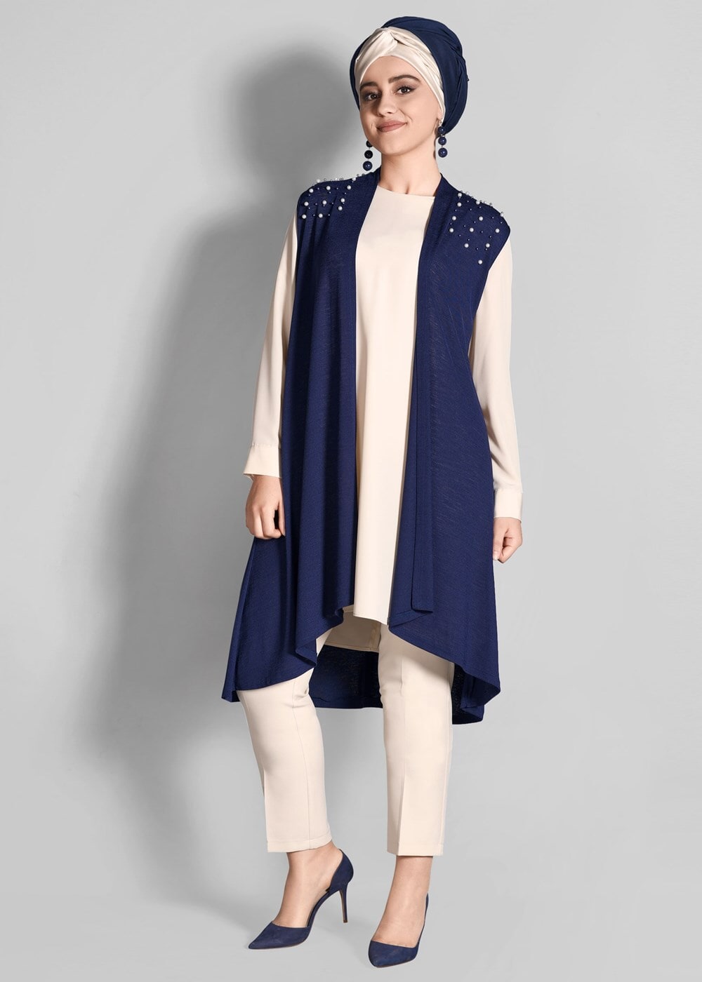 Hijab clothing NAVY BLUE T 612632 Lafaba- İnci İşlemeli Yelek