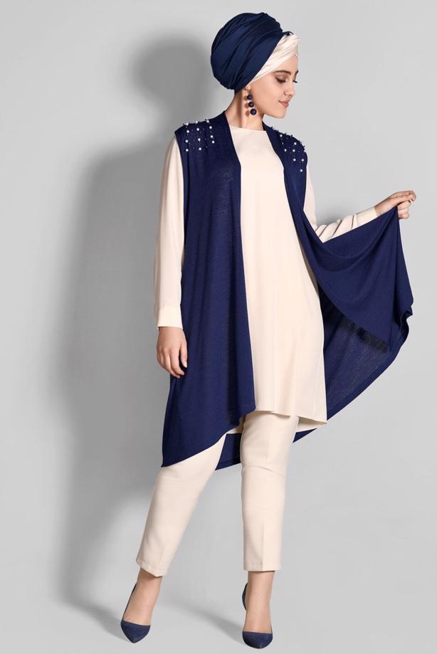 Vêtements hijab BLEU MARINE T 612632 Lafaba- İnci İşlemeli Yelek - TRENDTESETTÜR