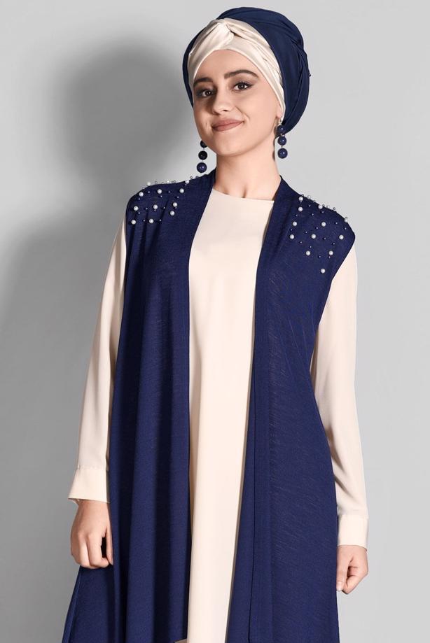 Vêtements hijab BLEU MARINE T 612632 Lafaba- İnci İşlemeli Yelek - TRENDTESETTÜR
