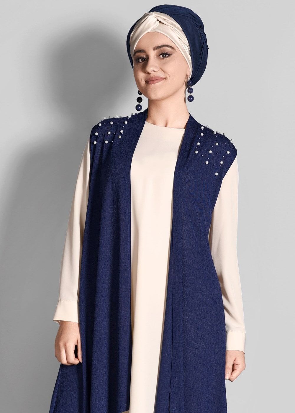 Hijab clothing NAVY BLUE T 612632 Lafaba- İnci İşlemeli Yelek