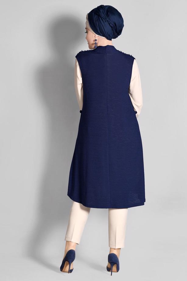 Vêtements hijab BLEU MARINE T 612632 Lafaba- İnci İşlemeli Yelek - TRENDTESETTÜR
