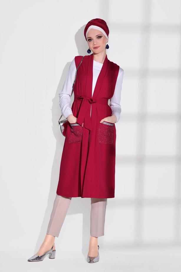 Tesettür giyim  CEPLERİ TAŞ SİM DETAYLI YELEK 70361 - TRENDTESETTÜR