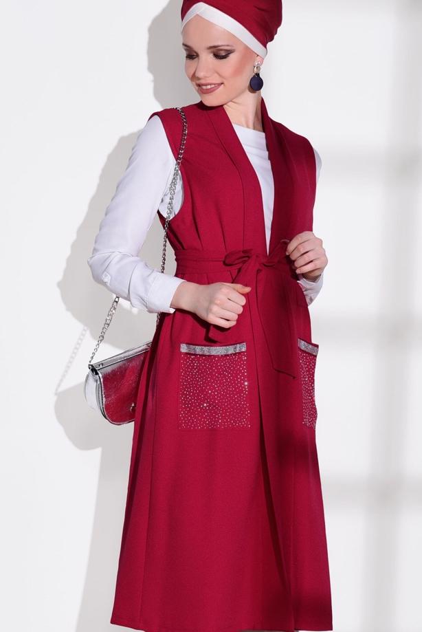Tesettür giyim  CEPLERİ TAŞ SİM DETAYLI YELEK 70361 - TRENDTESETTÜR