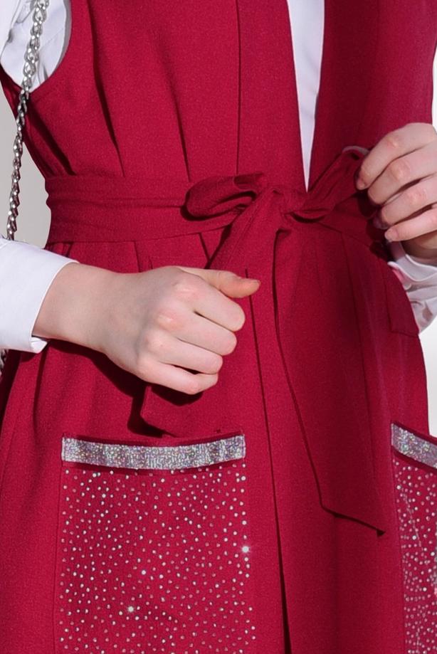 Tesettür giyim  CEPLERİ TAŞ SİM DETAYLI YELEK 70361 - TRENDTESETTÜR