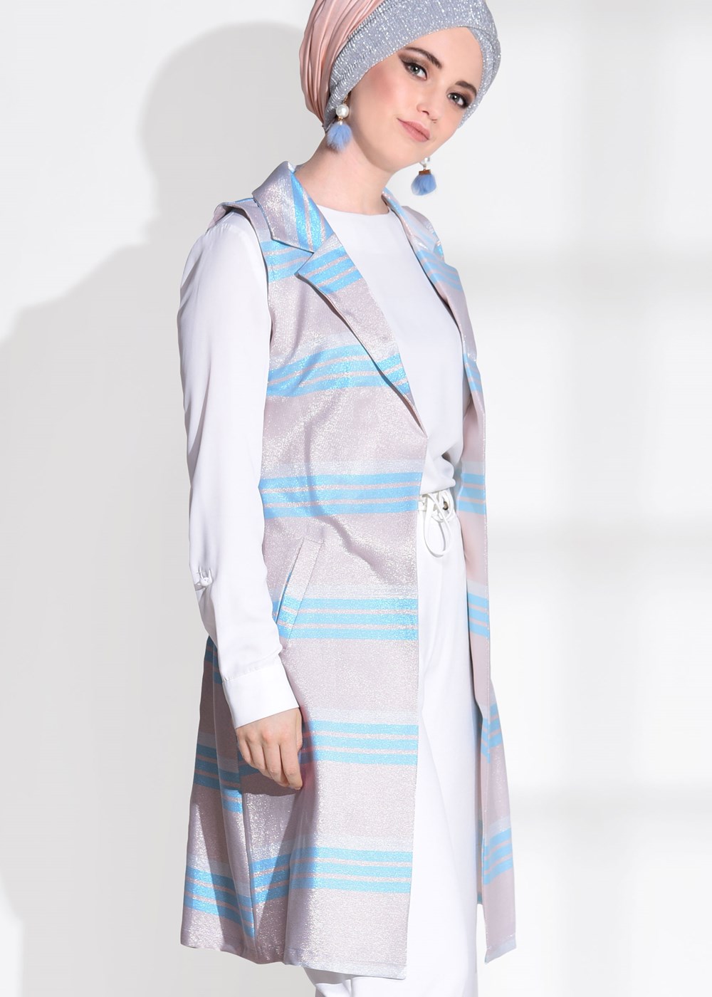 Vêtements hijab VERT GILET À RAYURES ARGENTÉES T 1112  