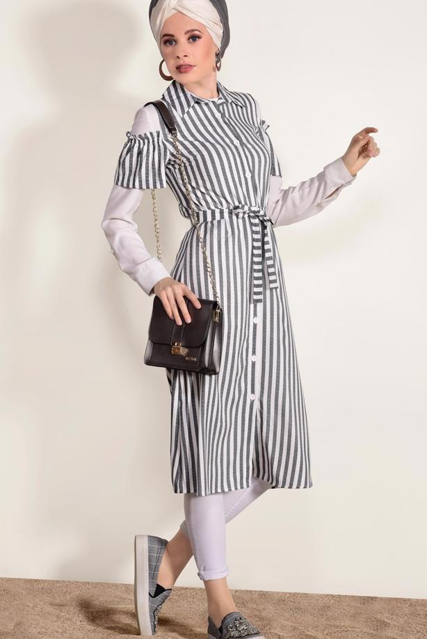 Tesettür giyim KREM T 3012 Ayriss- Çizgili Yelek - TRENDTESETTÜR