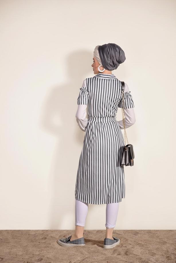 Tesettür giyim KREM T 3012 Ayriss- Çizgili Yelek - TRENDTESETTÜR