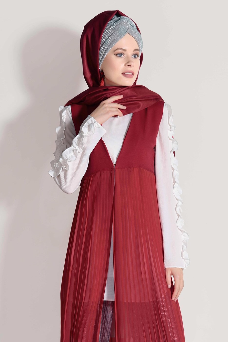 Tesettür giyim KIRMIZI T 6128 Mısra-Pilise Detaylı Yelek