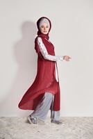 Tesettür giyim KIRMIZI T 6128 Mısra-Pilise Detaylı Yelek