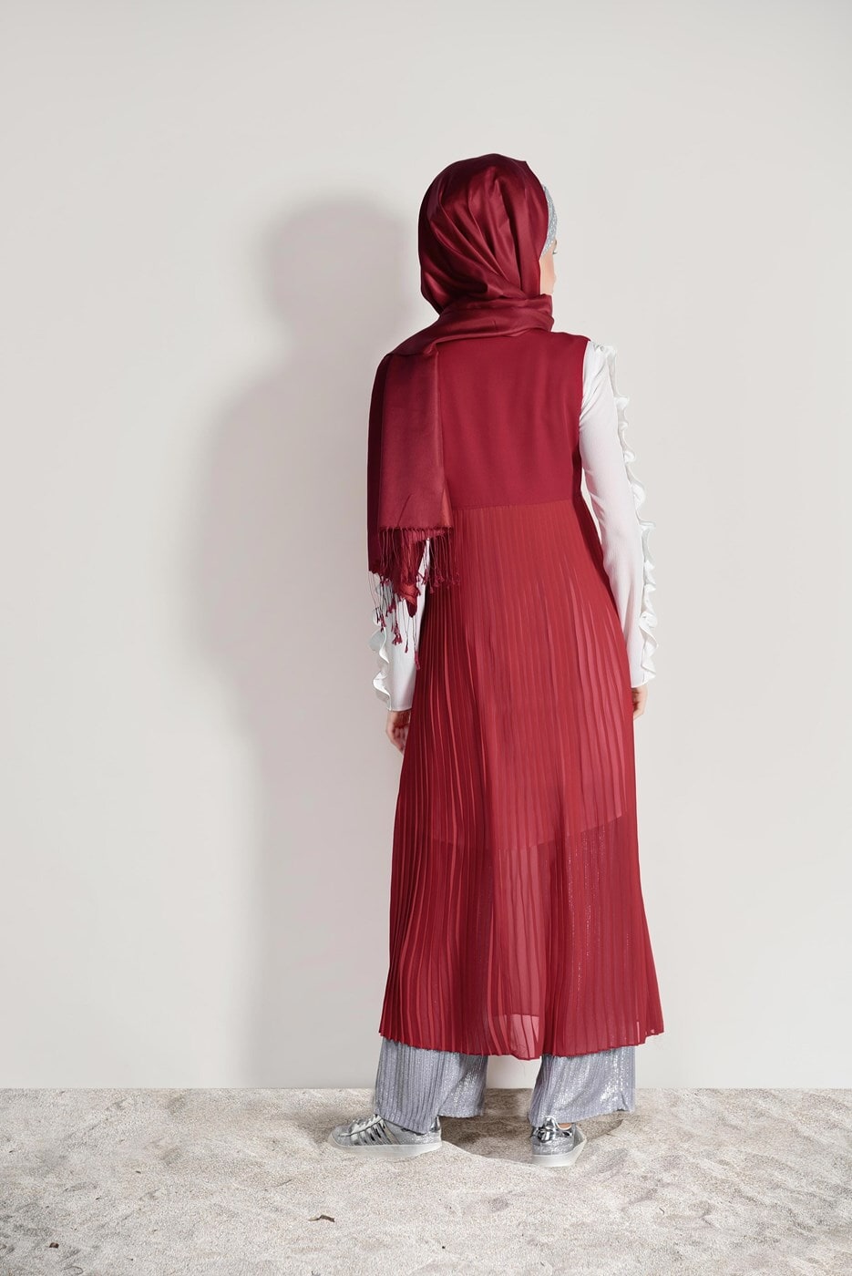 Tesettür giyim KIRMIZI T 6128 Mısra-Pilise Detaylı Yelek