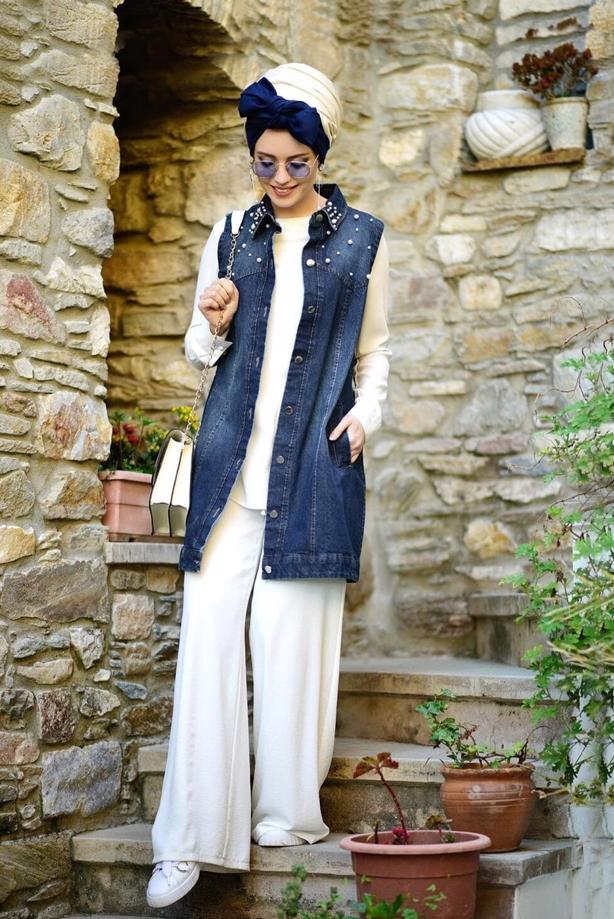 Vêtements hijab  PEARL DETAIL DENIM CARDIGAN T 7902  - TRENDTESETTÜR