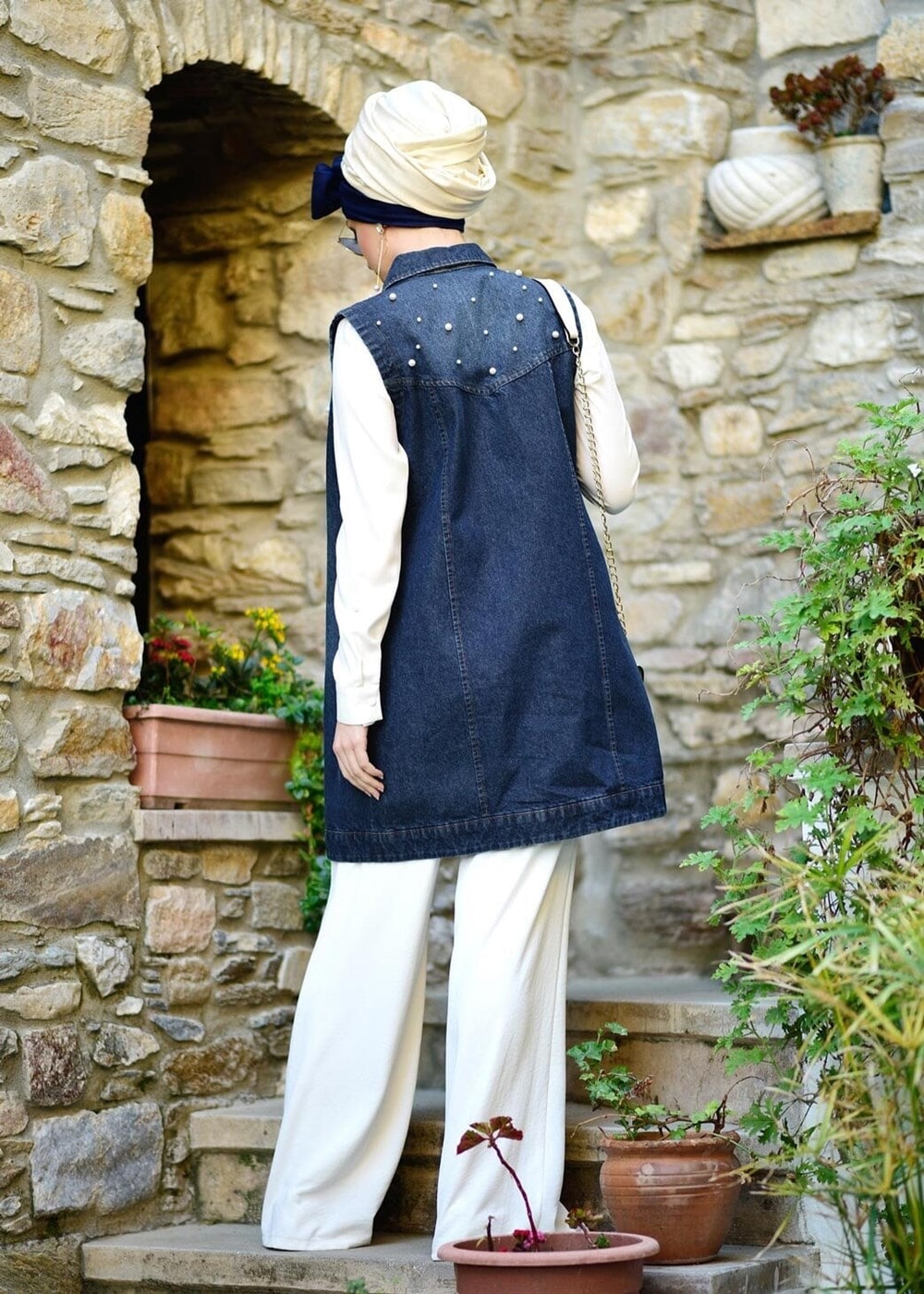 Vêtements hijab BLEU MARINE CARDIGAN EN DENIM AVEC PERLES T 7902