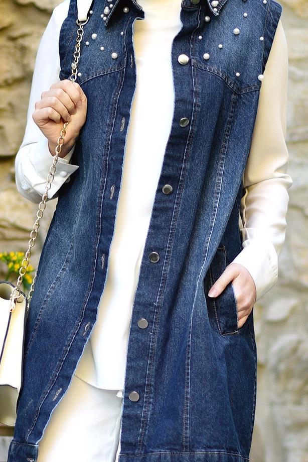 Vêtements hijab  PEARL DETAIL DENIM CARDIGAN T 7902  - TRENDTESETTÜR