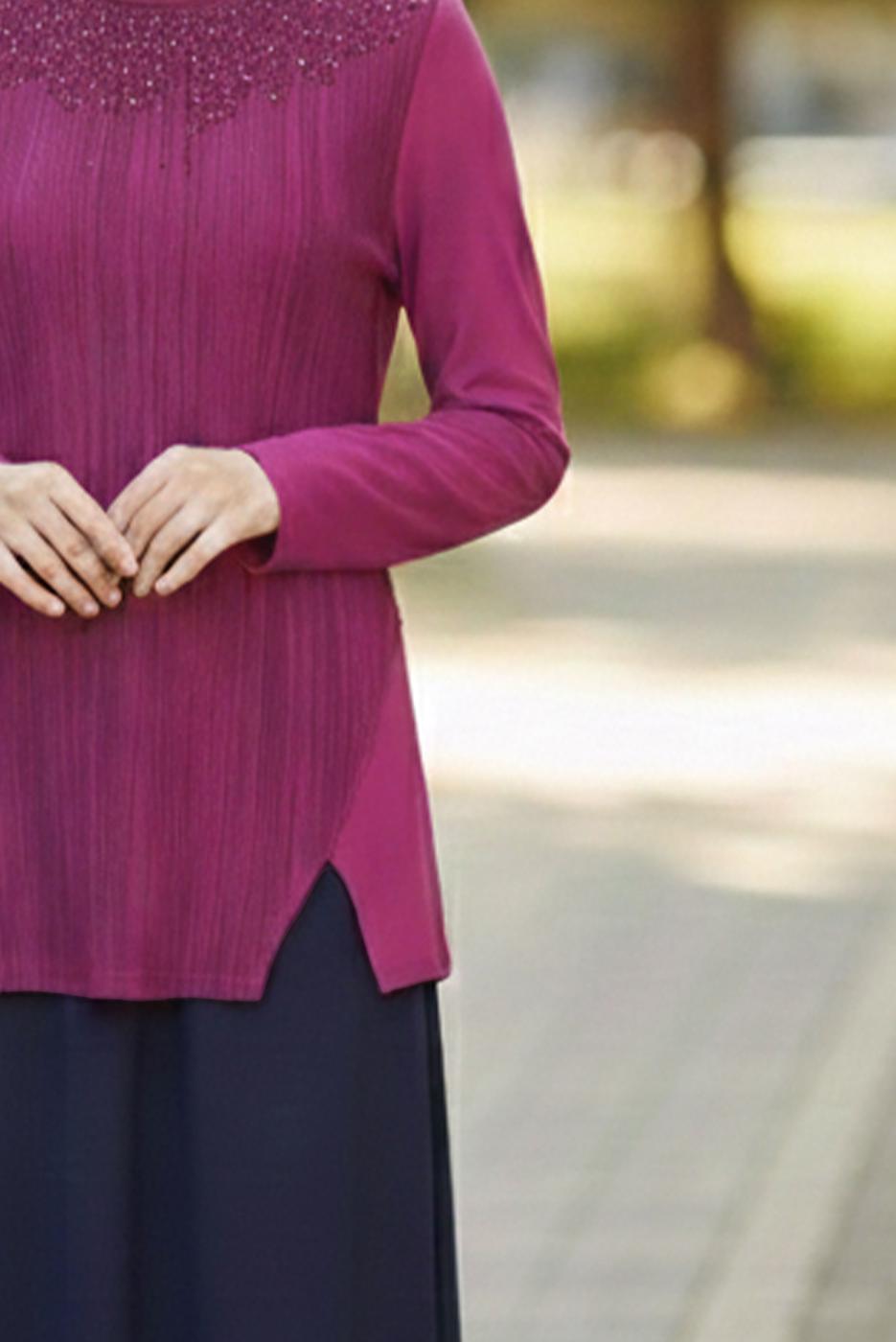 Tesettür giyim FUŞYA ALVİNA TAŞ BASKILI BLUZ 2775