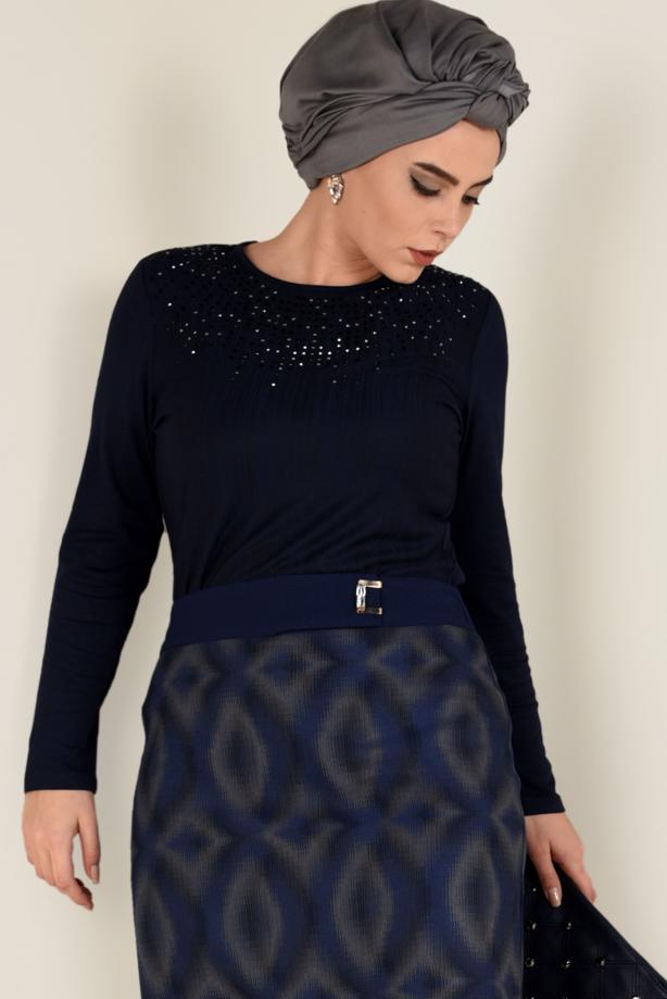 Vêtements hijab BLEU MARINE BLOUSE À RAYURES 2775 - TRENDTESETTÜR