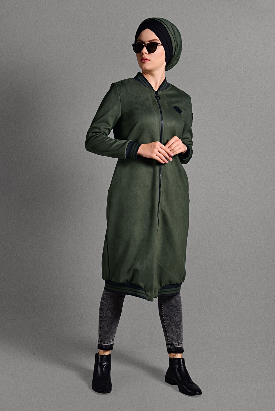 Tesettür giyim HAKİ  FERMUAR DETAYLI UZUN CEKET  49971 