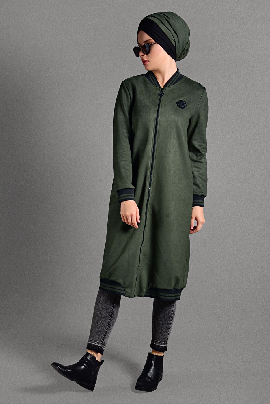 Tesettür giyim HAKİ  FERMUAR DETAYLI UZUN CEKET  49971 