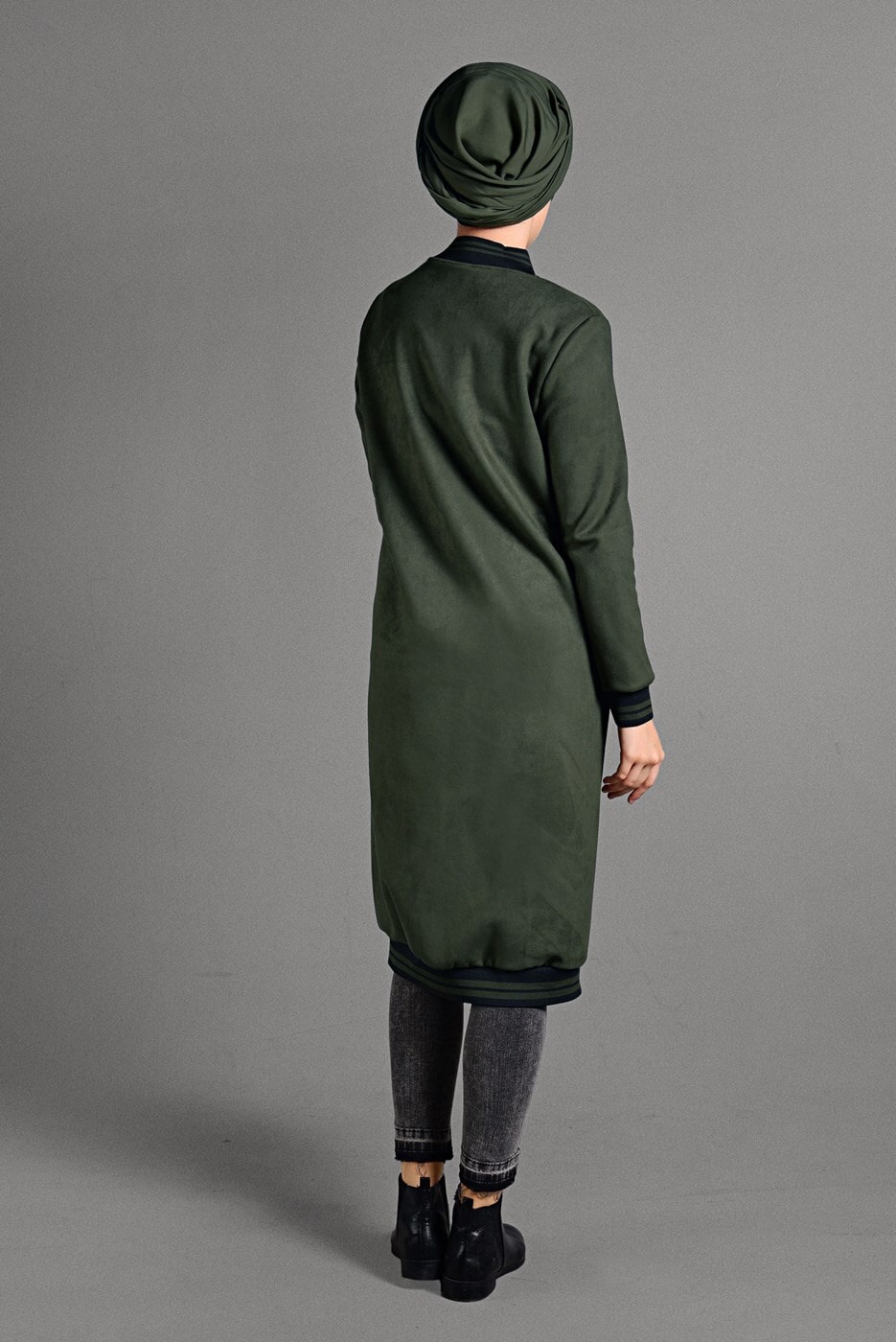 Tesettür giyim HAKİ  FERMUAR DETAYLI UZUN CEKET  49971 