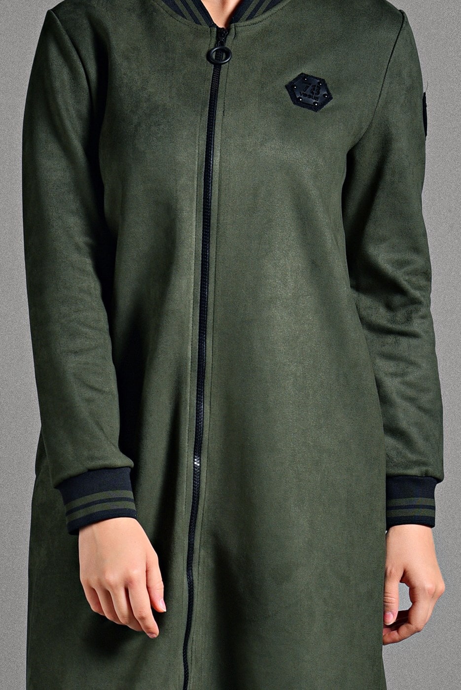 Tesettür giyim HAKİ  FERMUAR DETAYLI UZUN CEKET  49971 