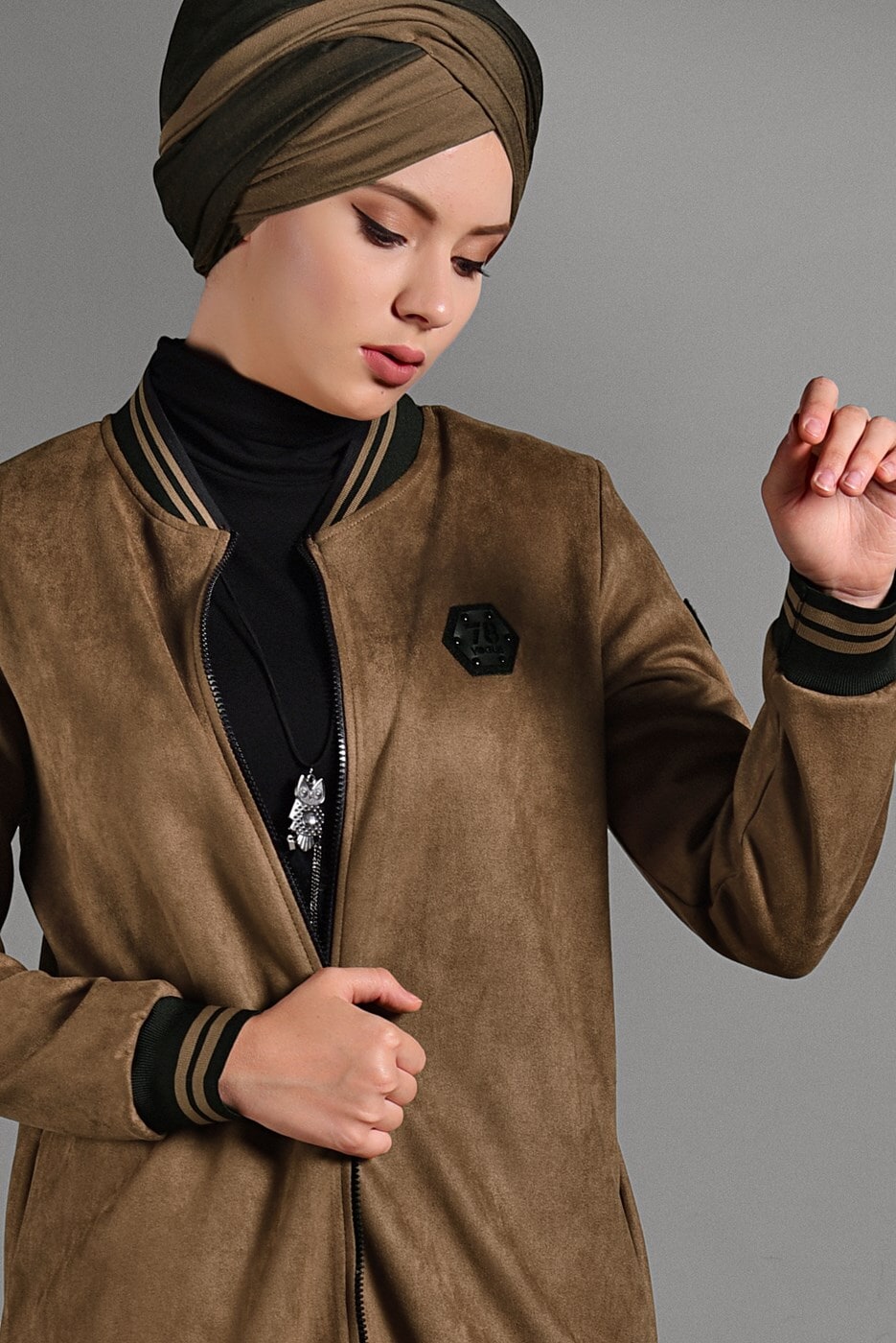 Tesettür giyim TABA  FERMUAR DETAYLI UZUN CEKET  49971 